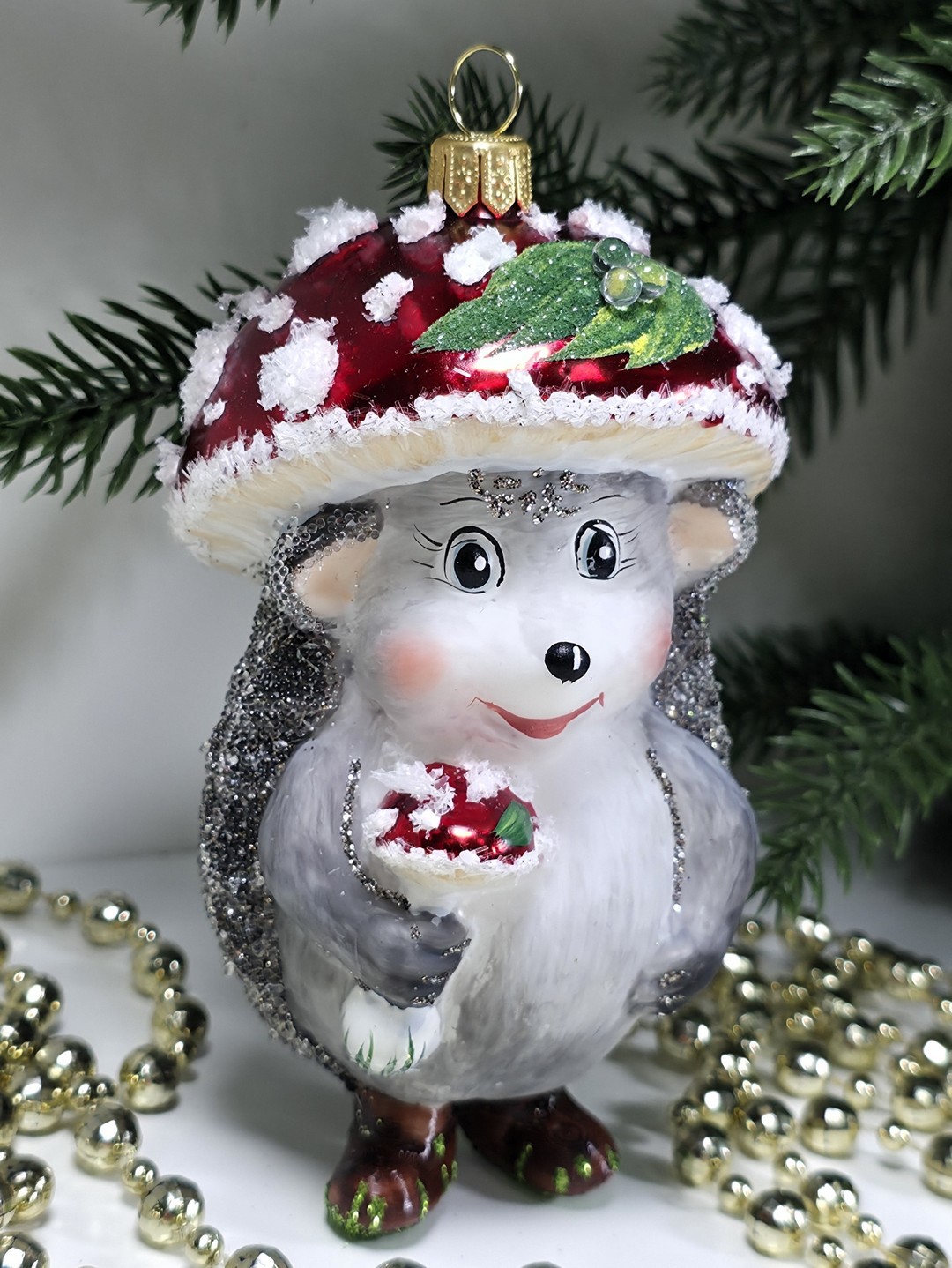 фото Стеклянная елочная игрушка Ежик грибок мухомор