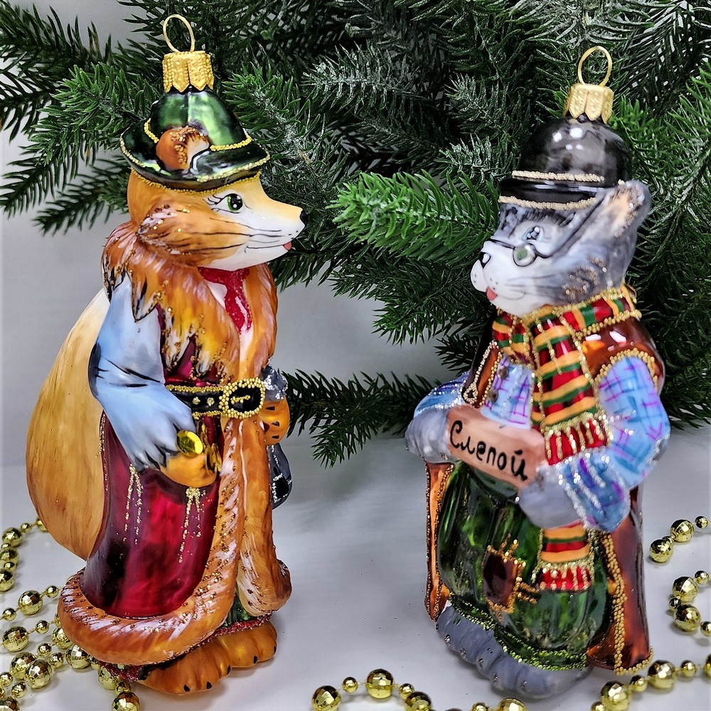 фото Набор стеклянных ёлочных игрушек Кот и лиса