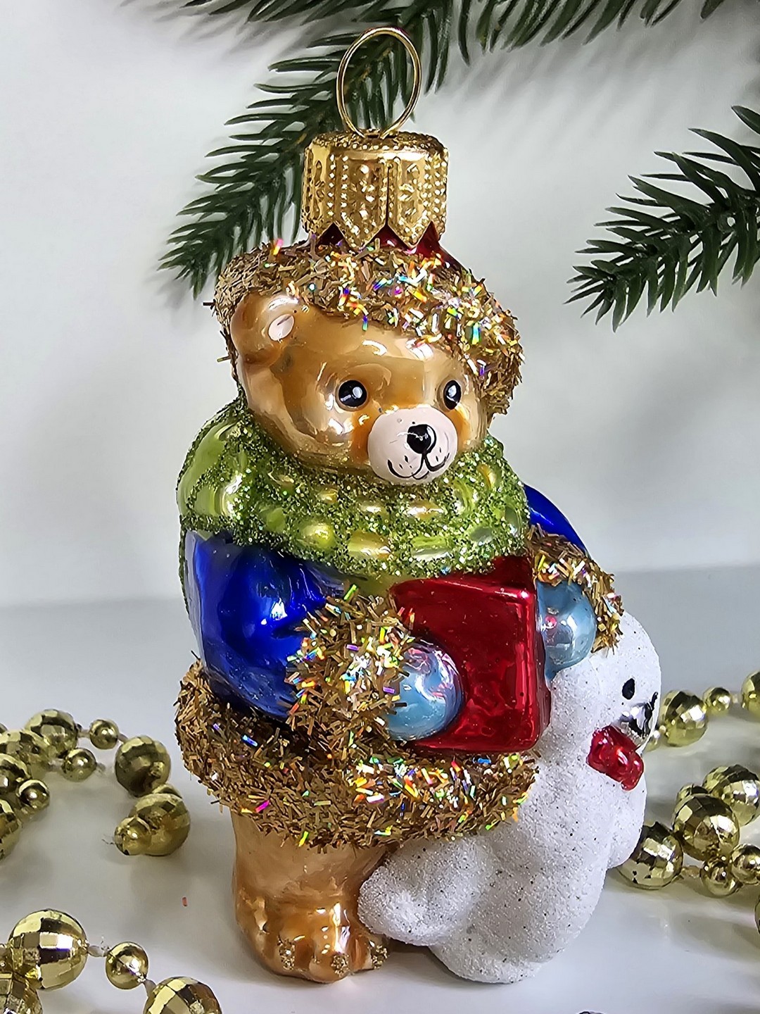 фото Стеклянная елочная игрушка Мишка с мишкой