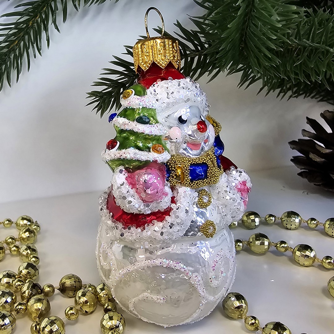 фото Стеклянная елочная игрушка Снеговик с елочкой