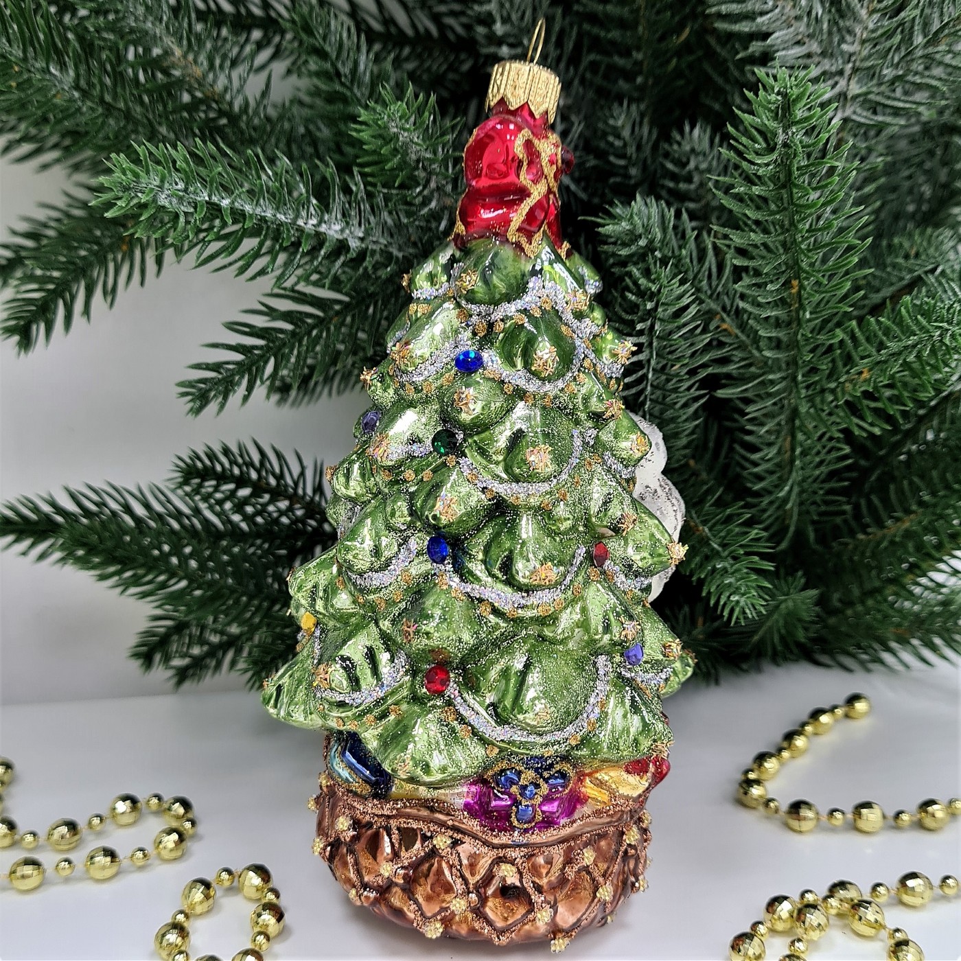 фото Стеклянная елочная игрушка Елка с совой и бантом