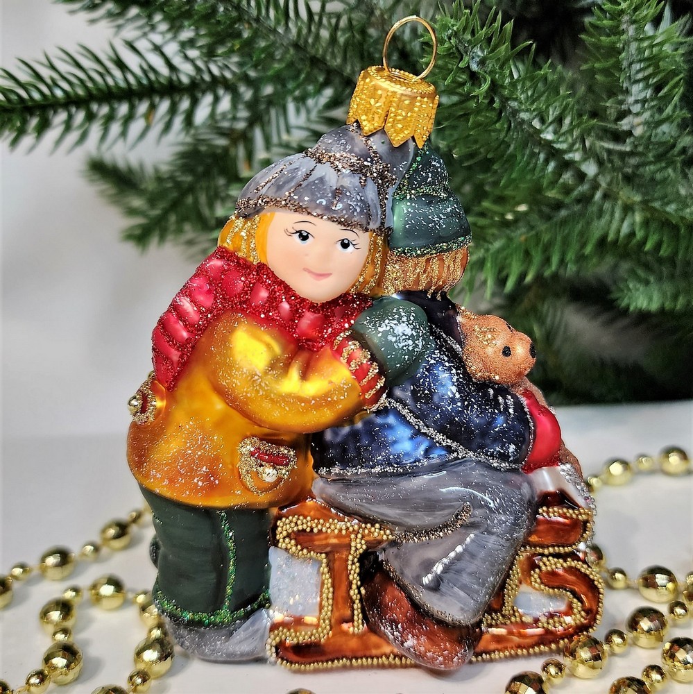 фото Стеклянная елочная игрушка Царские дети на санях