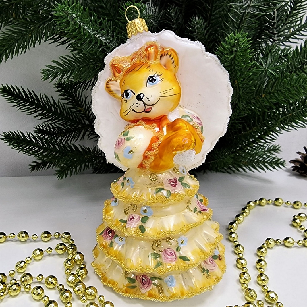 фото Стеклянная елочная игрушка Кошка с зонтиком версаль