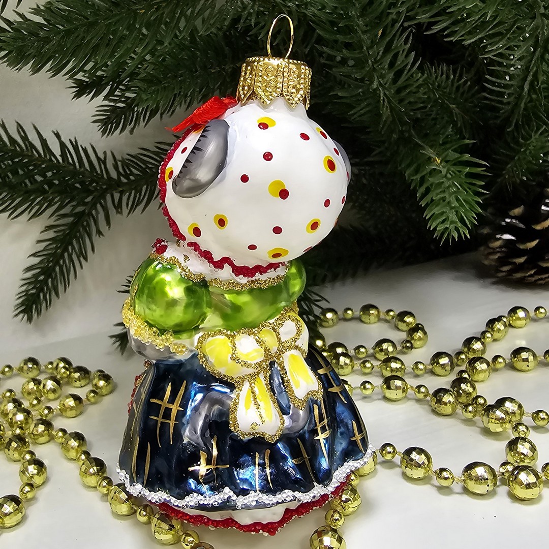 фото Стеклянная елочная игрушка Мышка хозяйка