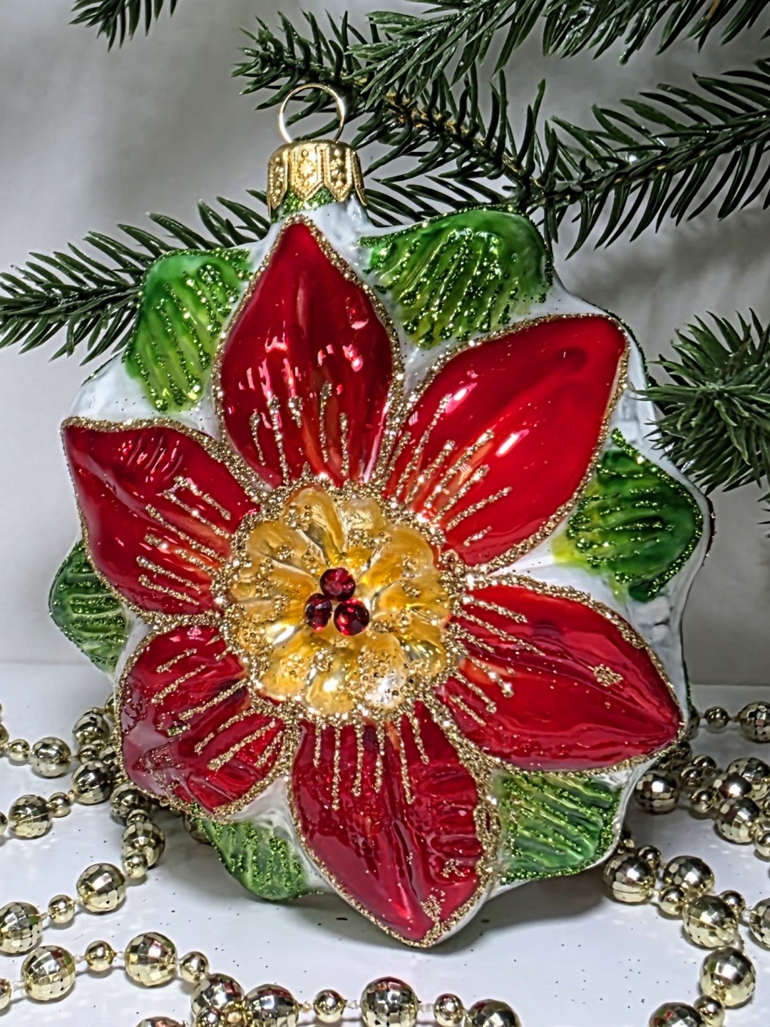 фото Стеклянная елочная игрушка Пуансетия