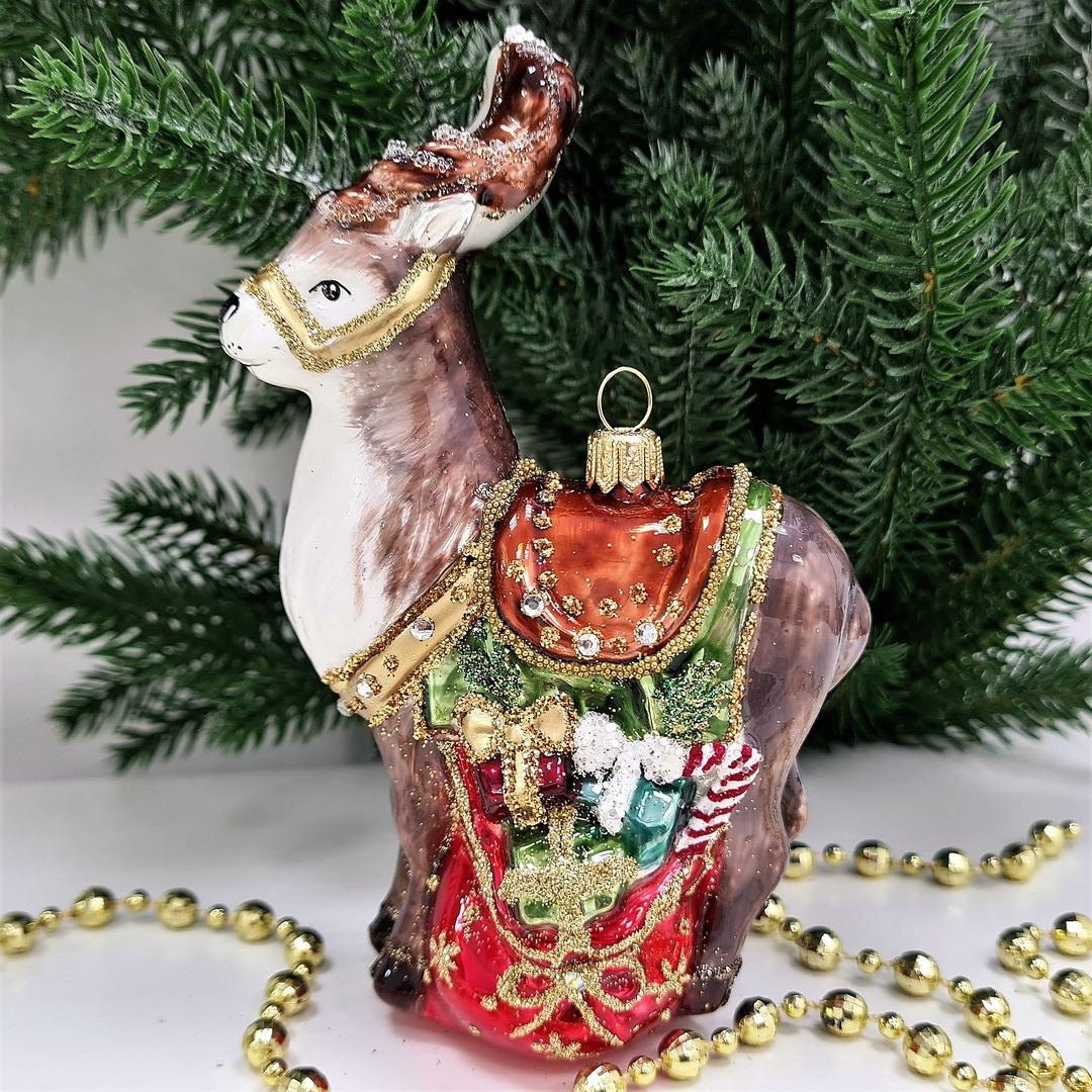 фото Стеклянная елочная игрушка Олень с подарками