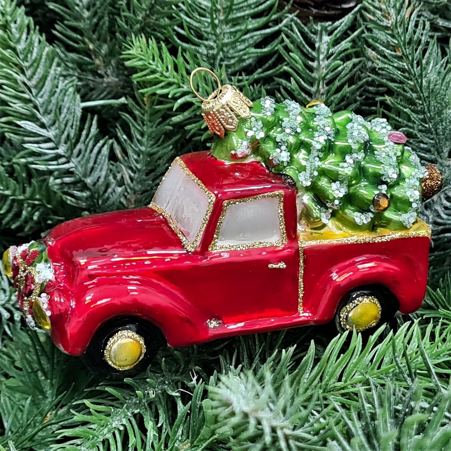фото Стеклянная елочная игрушка Машинка с елкой