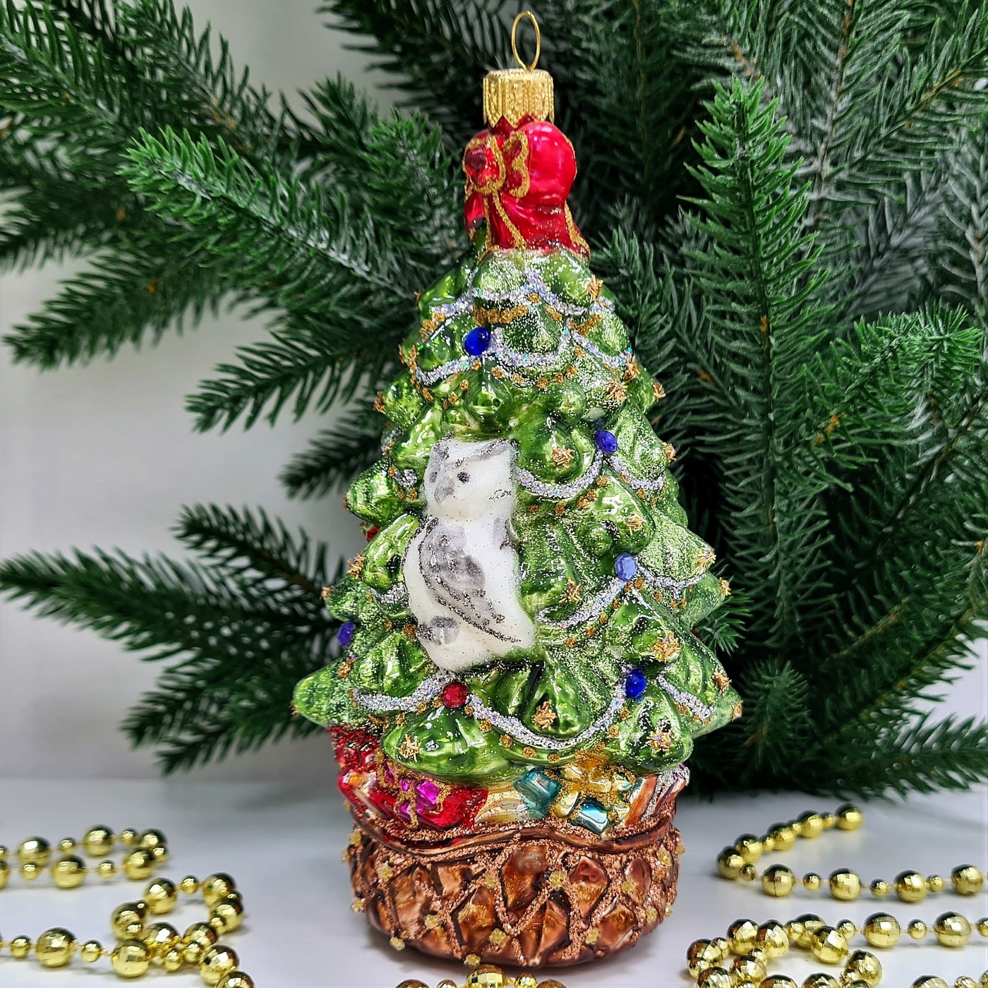 фото Стеклянная елочная игрушка Елка с совой и бантом