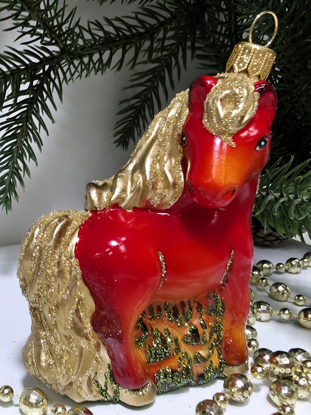 фото Стеклянная елочная игрушка Лошадка смотрит в бок