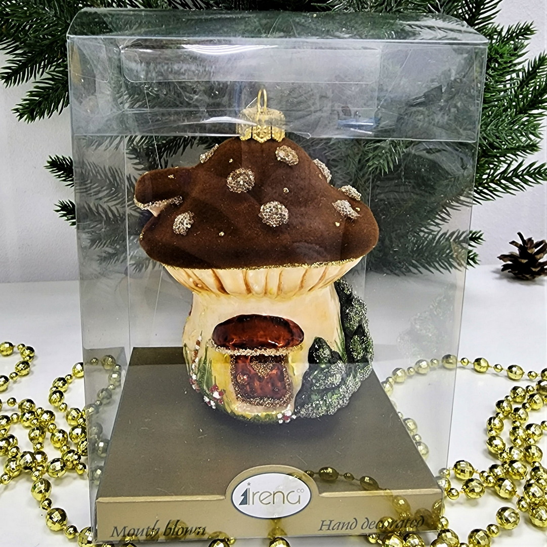 фото Стеклянная елочная игрушка Грибок домик коричневый