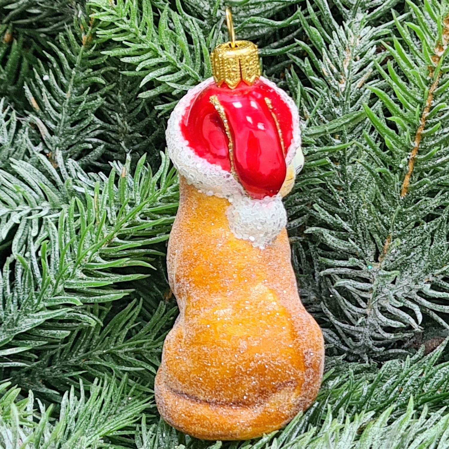 фото Стеклянная елочная игрушка Котик в шапке рыжий