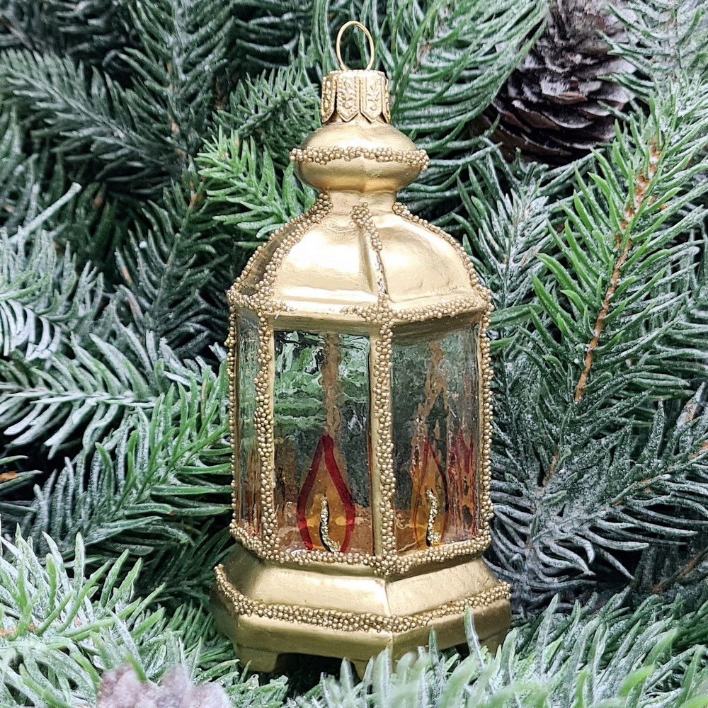 фото Стеклянная елочная игрушка Фонарик золотой