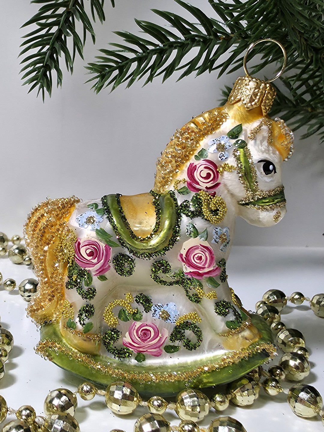 фото Стеклянная елочная игрушка Лошадка качалка Версаль