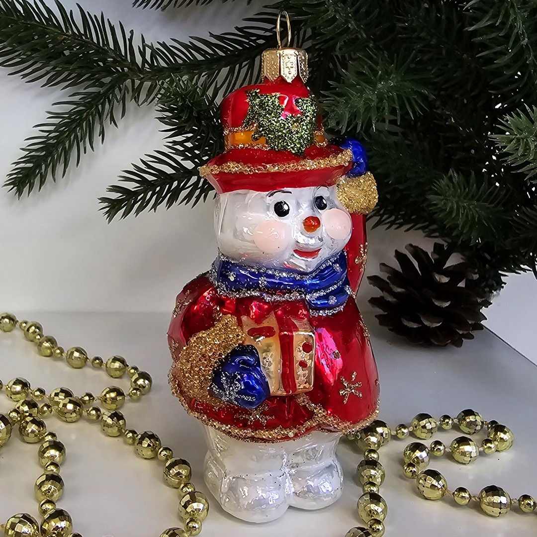 фото Стеклянная елочная игрушка Снеговик