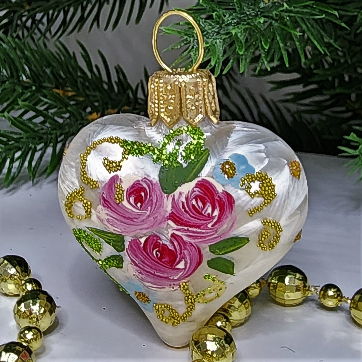 фото Стеклянная елочная игрушка Сердечко версаль малое
