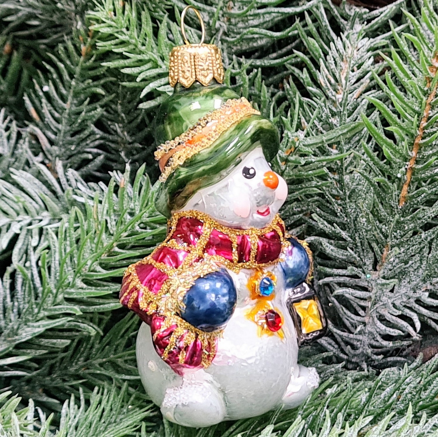фото Стеклянная елочная игрушка Снеговик с фонариком