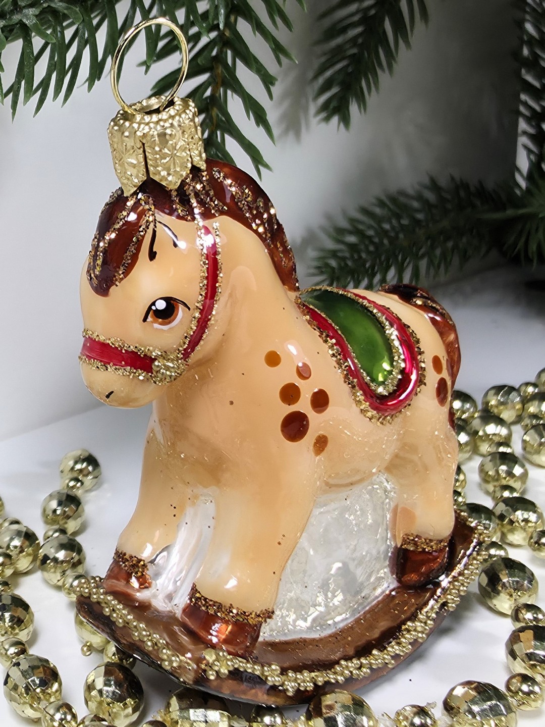 фото Стеклянная елочная игрушка Лошадка качалка малая