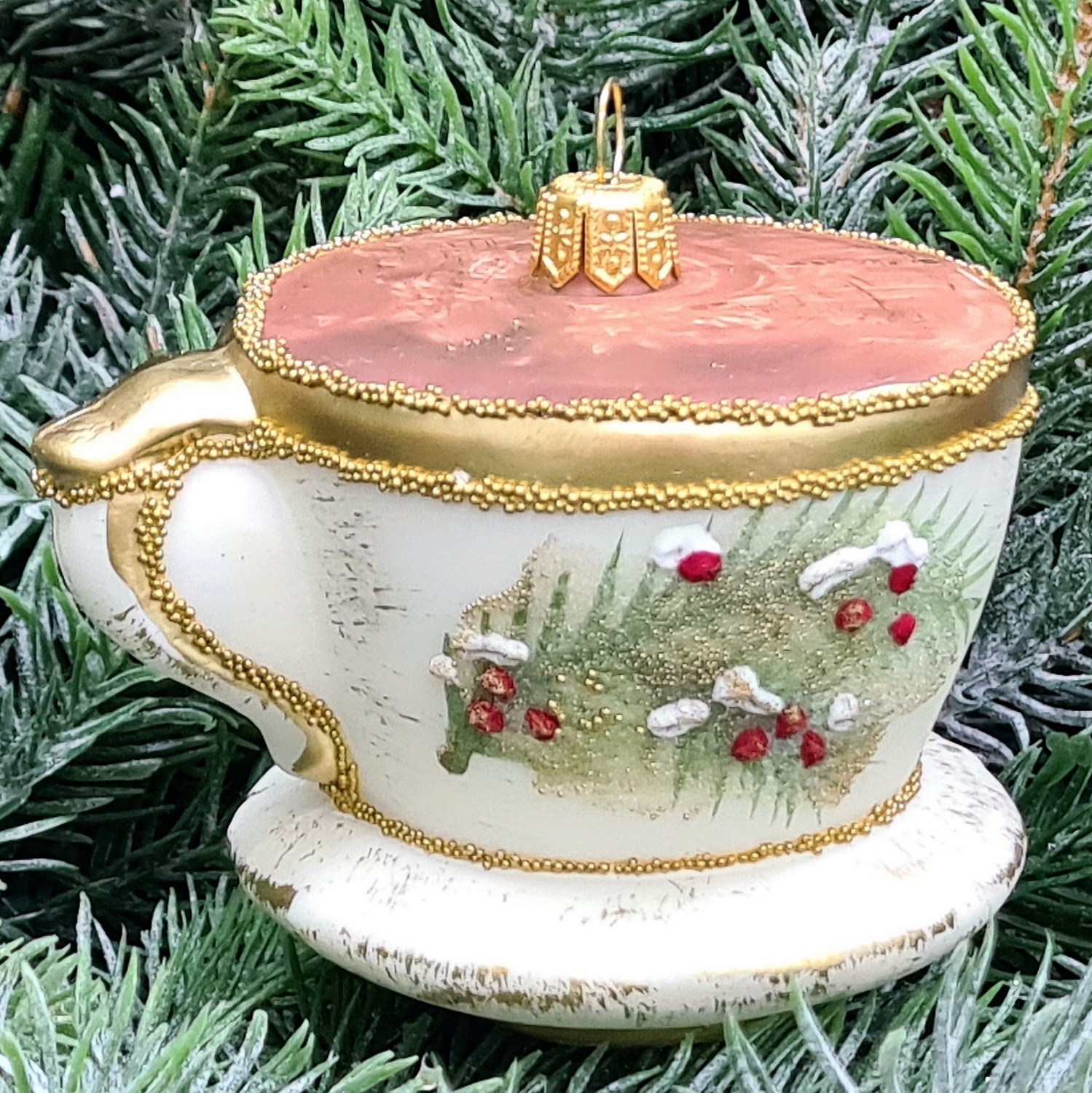 фото Стеклянная елочная игрушка Чашка винтаж