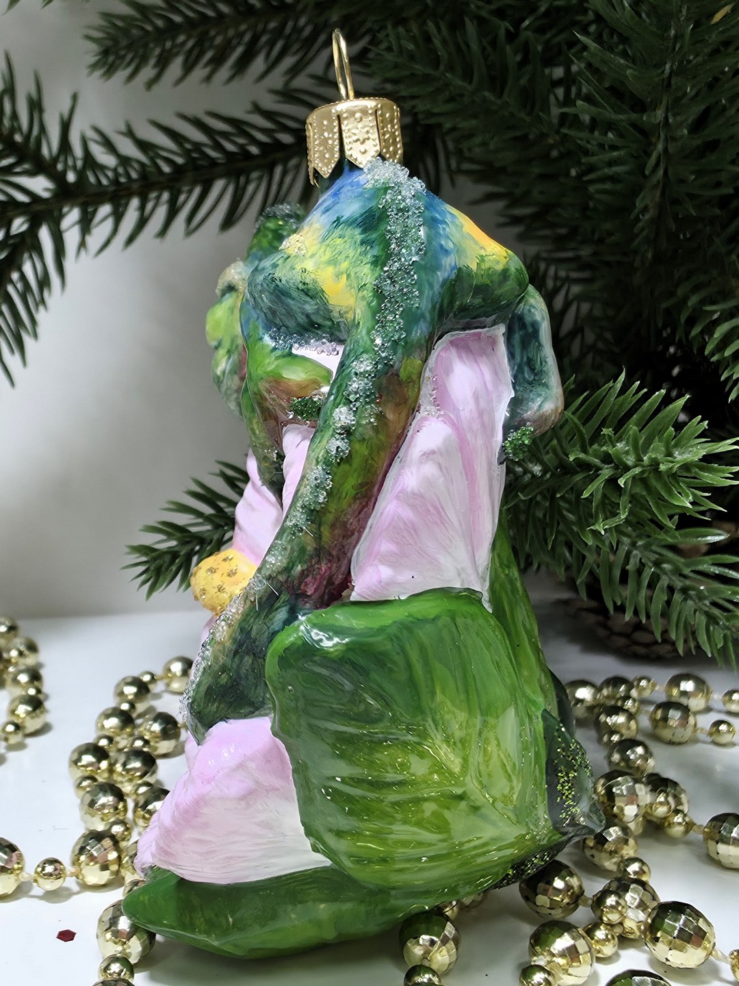 фото Стеклянная елочная игрушка Хамелеон на цветке