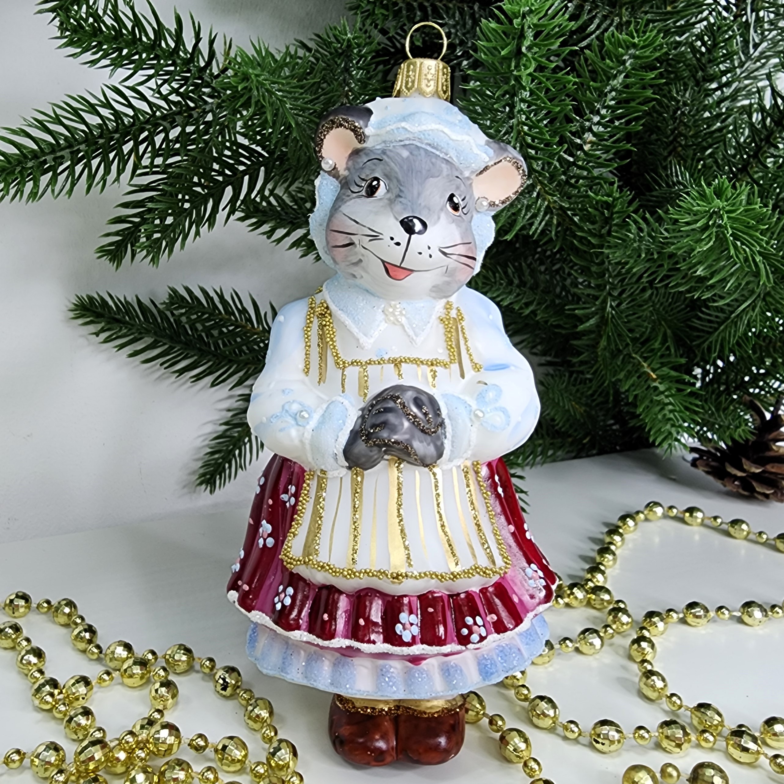 фото Стеклянная елочная игрушка Мышка Хозяйка