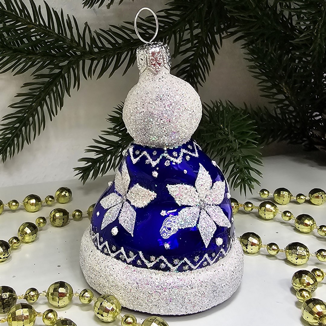 фото Стеклянная елочная игрушка Шапочка синяя