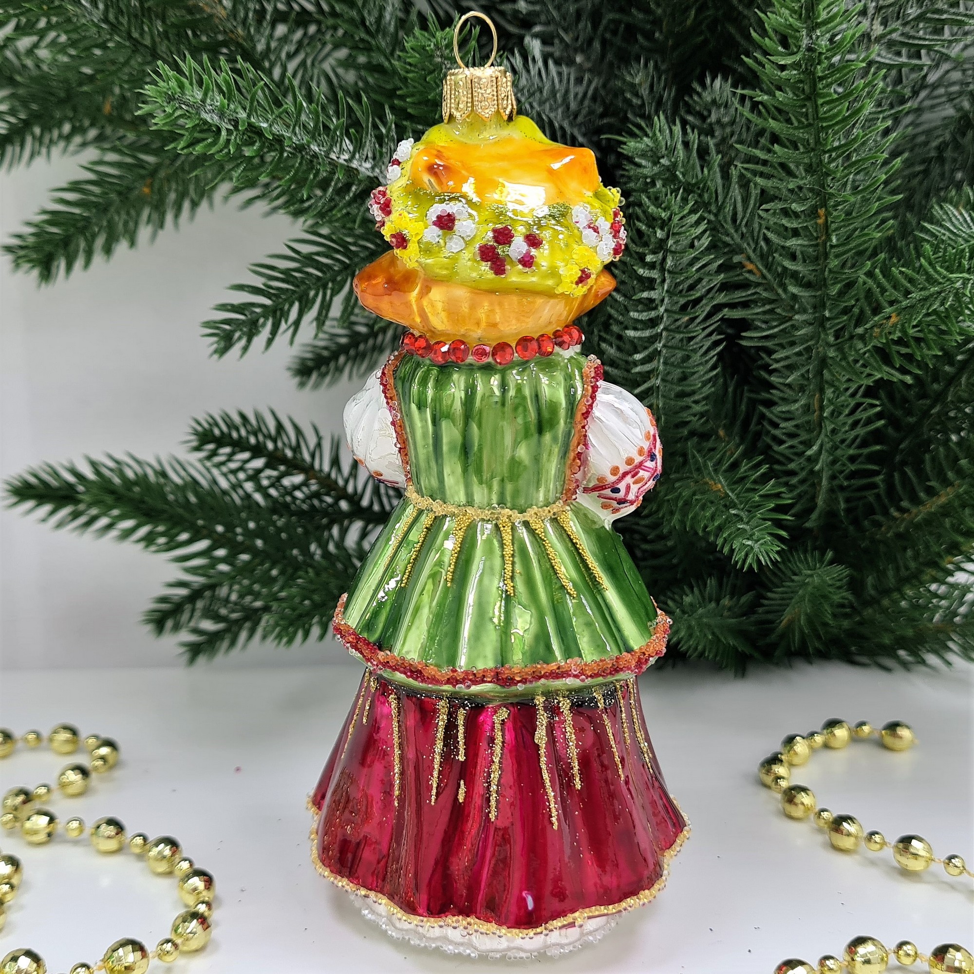 фото Стеклянная елочная игрушка Лиса в веночке