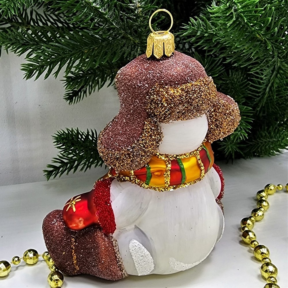 фото Стеклянная елочная игрушка Снеговик в валенках