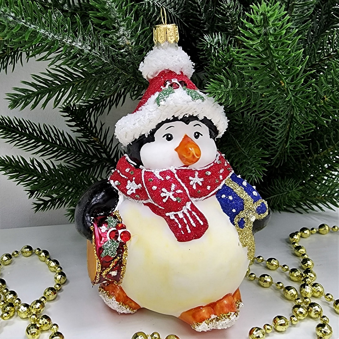 фото Стеклянная елочная игрушка Пингвин с барабаном