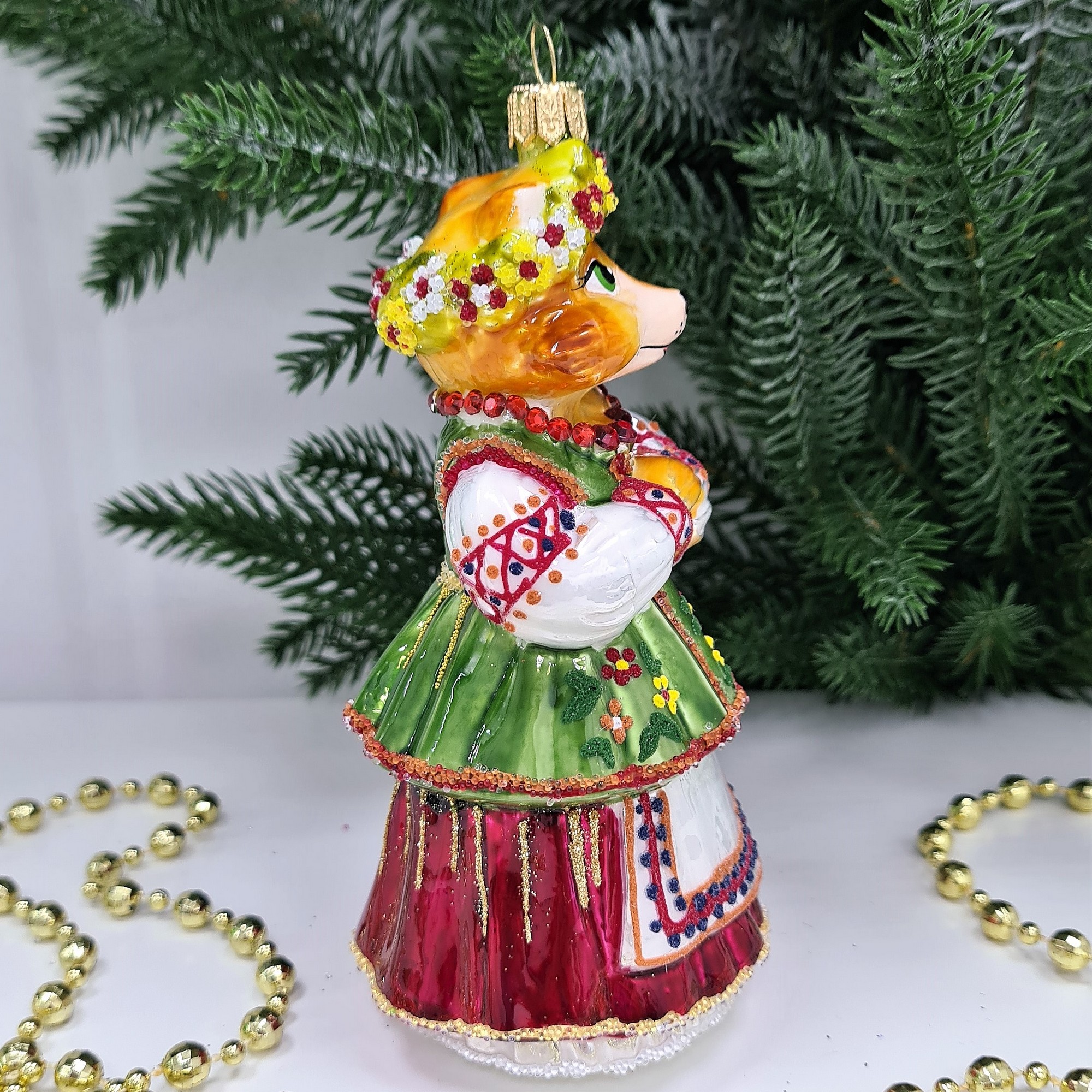 фото Стеклянная елочная игрушка Лиса в веночке