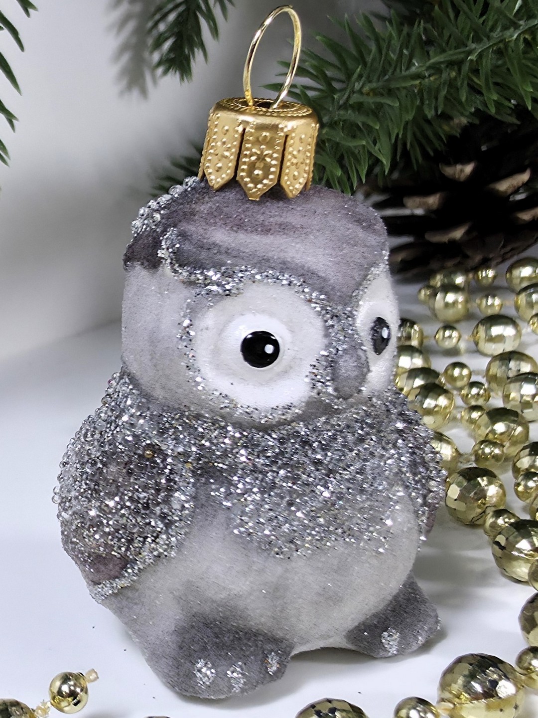 фото Стеклянная елочная игрушка Совушка серая