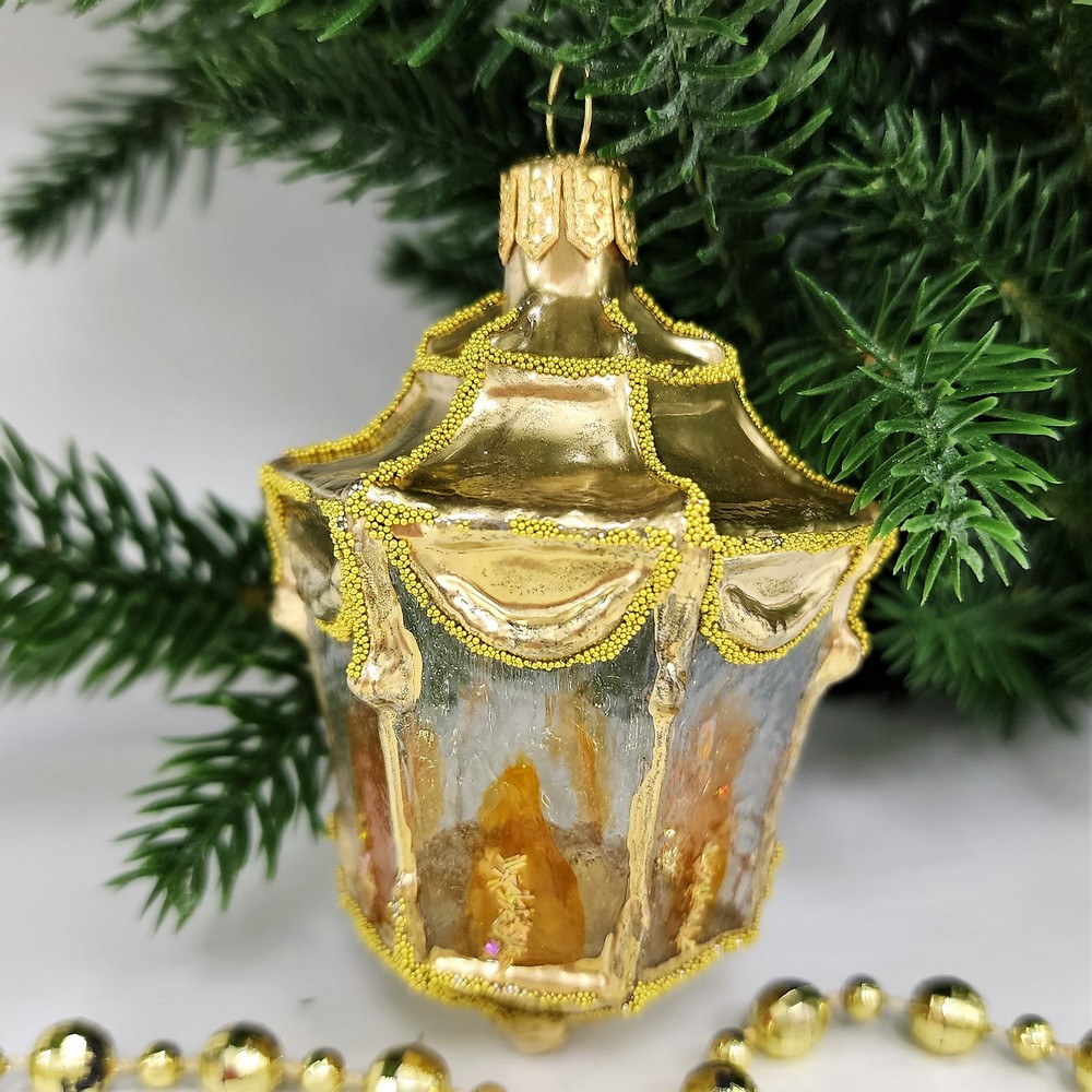 фото Стеклянная елочная игрушка Фонарик малый золотой