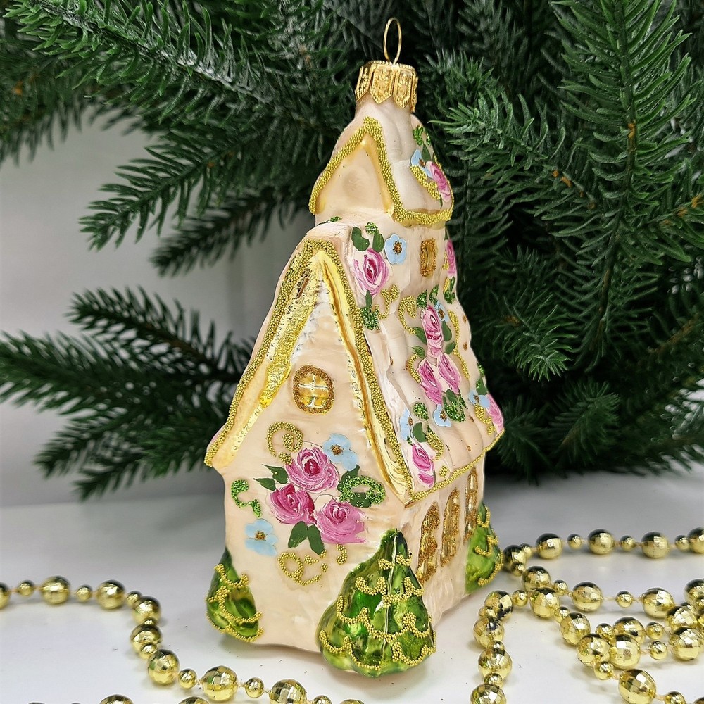 фото Стеклянная елочная игрушка Домик с острой крышей версаль