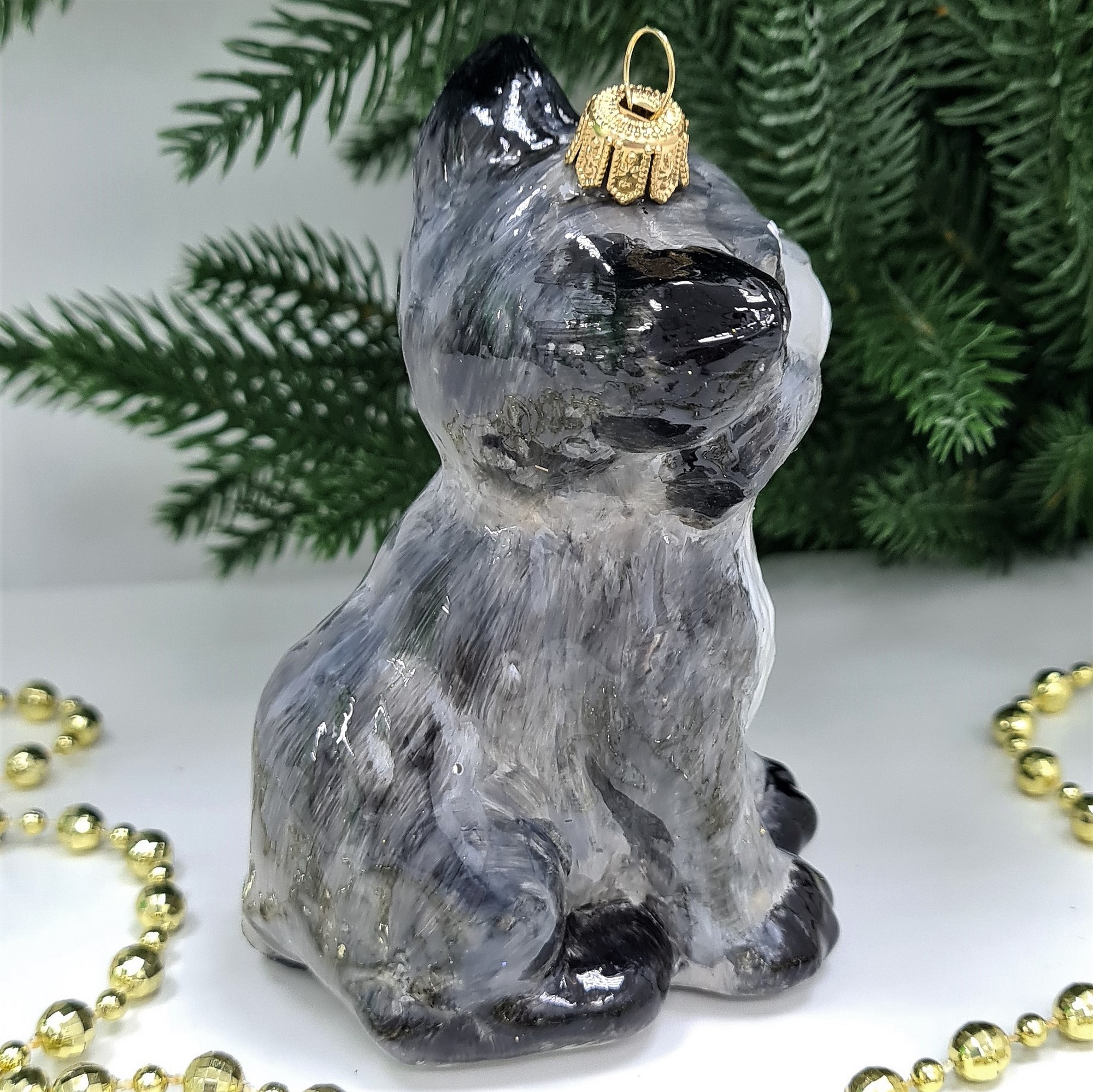 фото Стеклянная елочная игрушка Серый котик