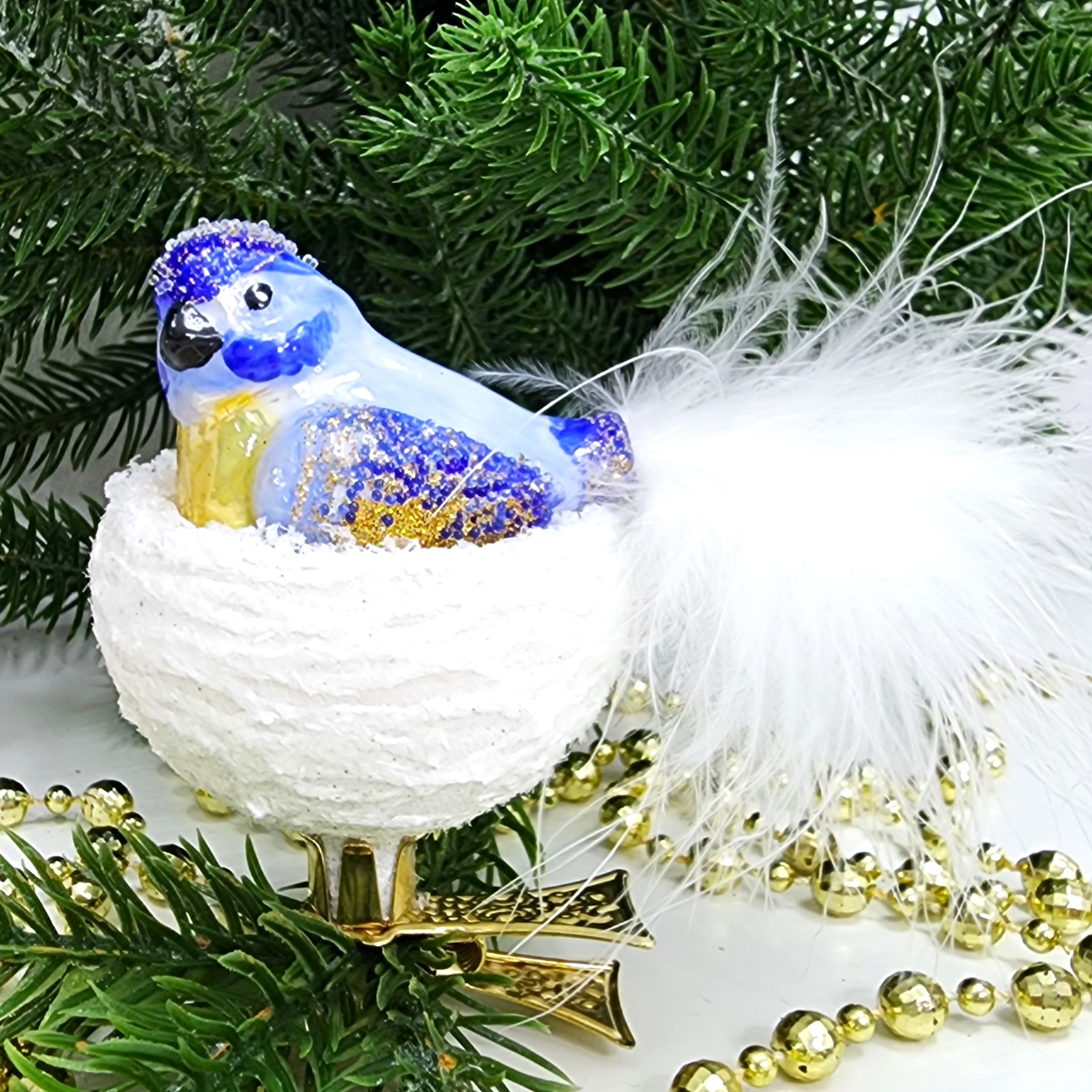 фото Стеклянная елочная игрушка Синичка в гнезде на прищепке