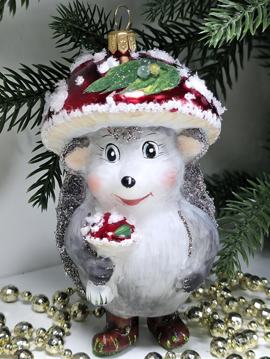 фото Стеклянная елочная игрушка Ежик грибок мухомор