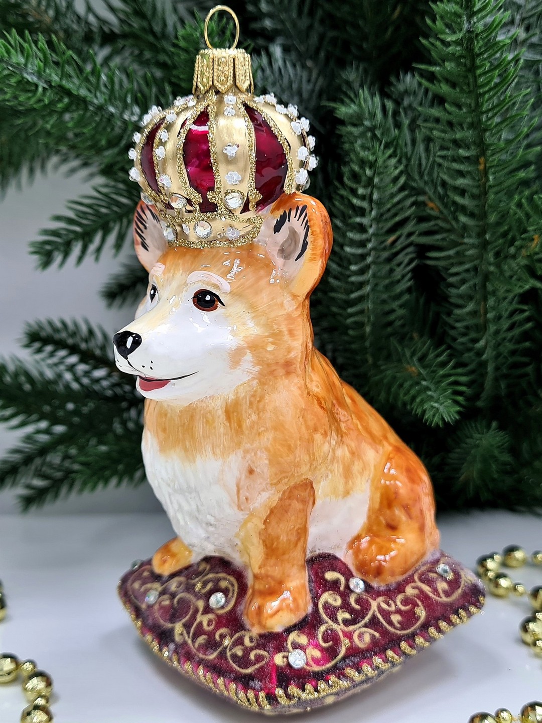 фото Стеклянная елочная игрушка Корги в короне