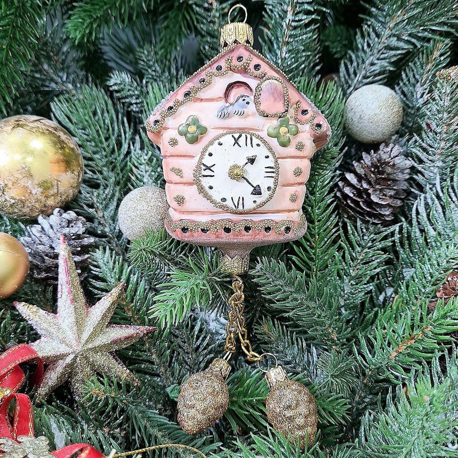 фото Стеклянная елочная игрушка Часы с кукушкой винтаж