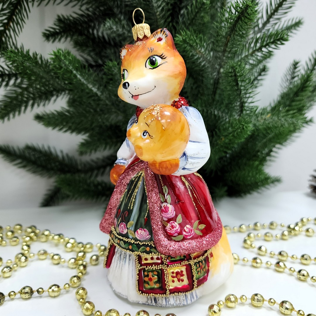 фото Стеклянная елочная игрушка Лиса с колобком