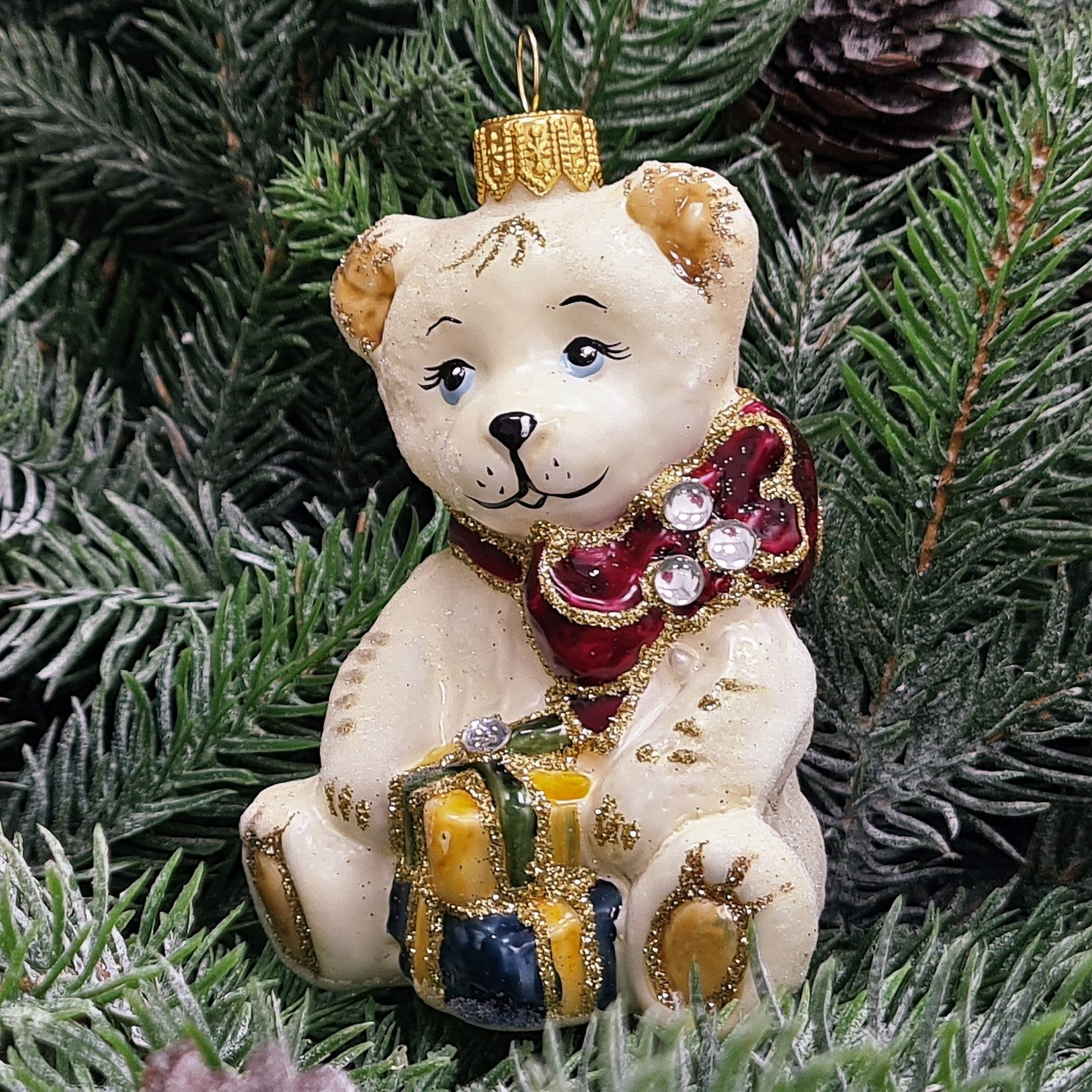 фото Стеклянная елочная игрушка Мишка с подарками