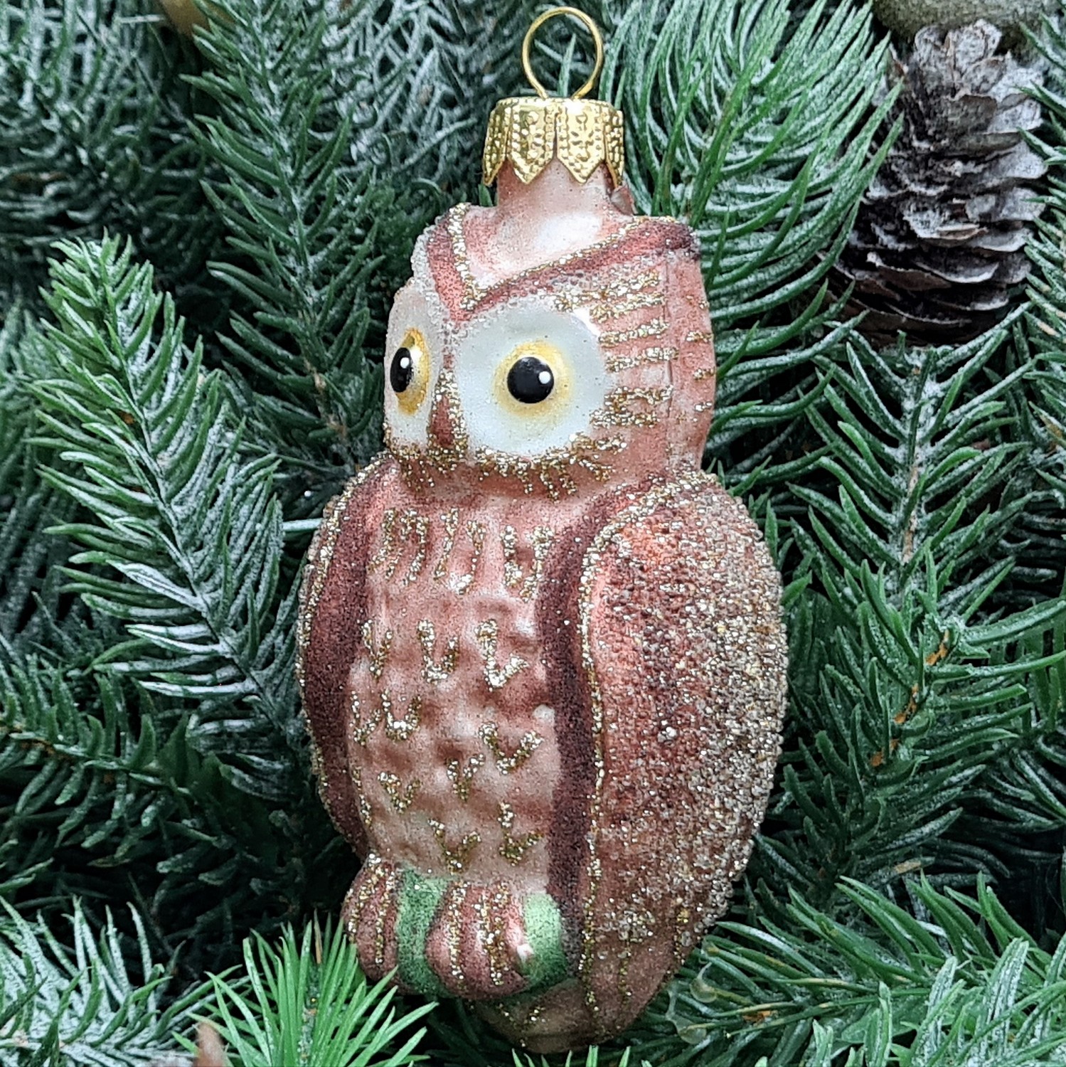 фото Стеклянная елочная игрушка Сова коричневая