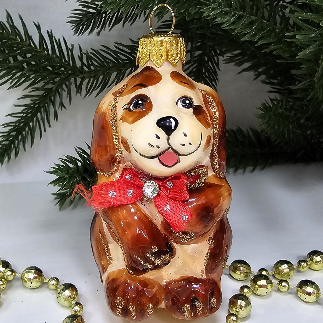 фото Стеклянная елочная игрушка Щенок рыжий