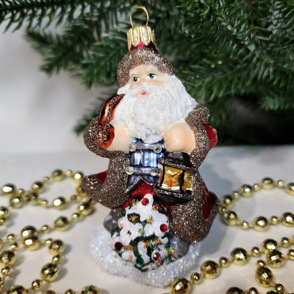 фото Стеклянная елочная игрушка Дед Мороз с фонарем царский