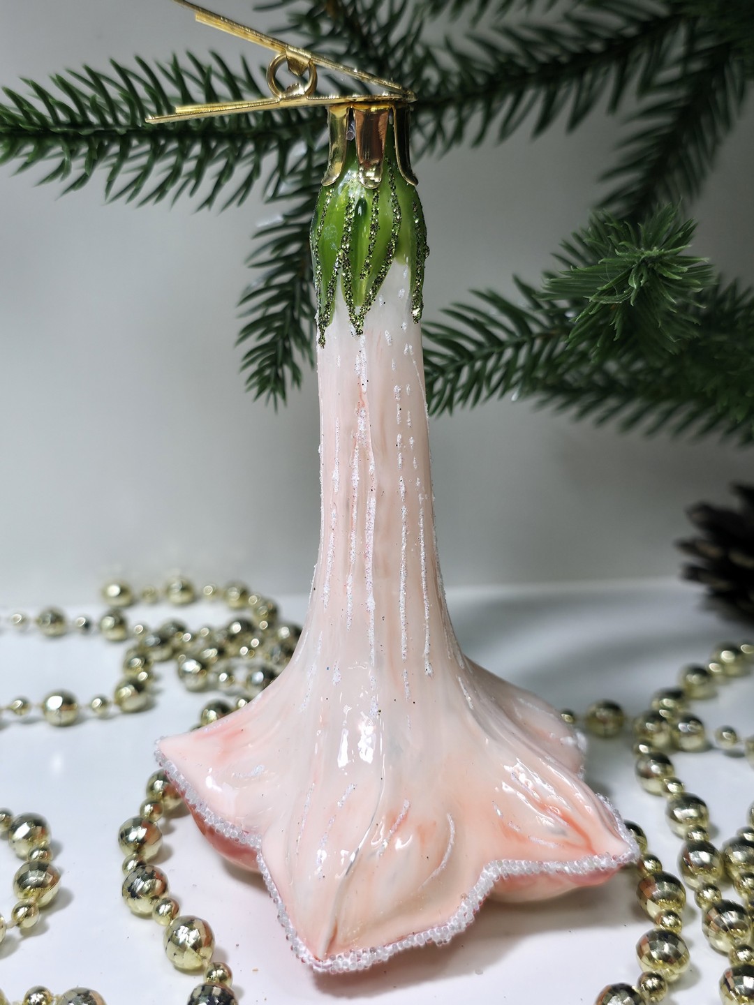 фото Стеклянная елочная игрушка Цветочек на прищепке