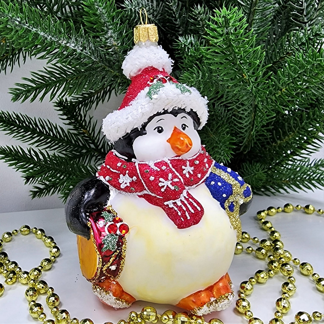 фото Стеклянная елочная игрушка Пингвин с барабаном