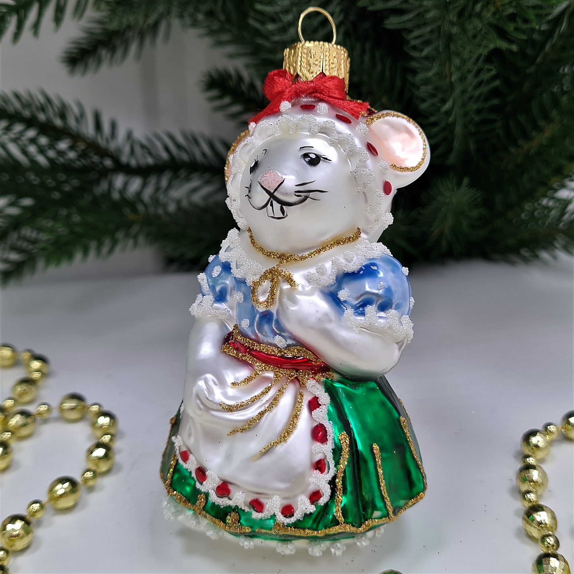 фото Стеклянная елочная игрушка Мышка Хозяйка