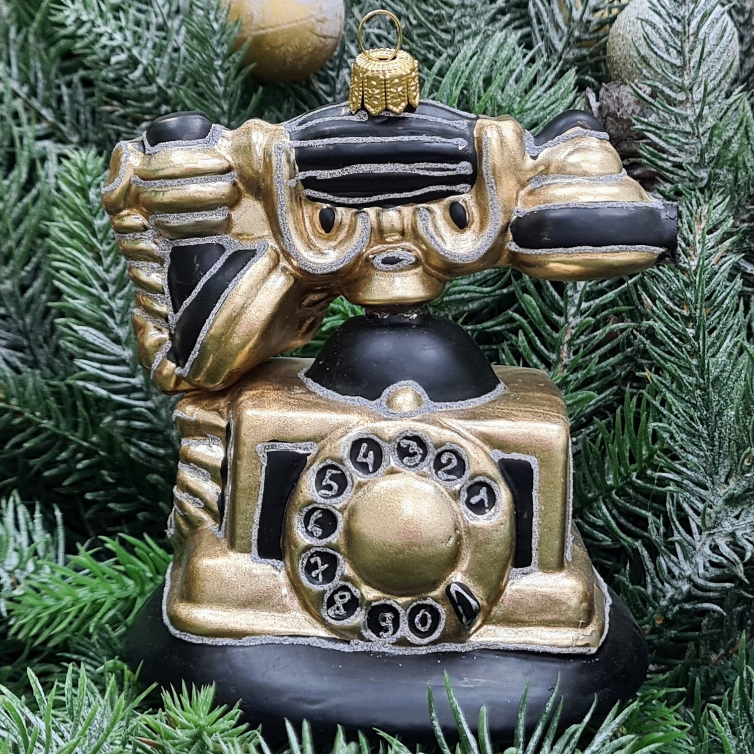 фото Стеклянная елочная игрушка Ретро телефон черный с золотом