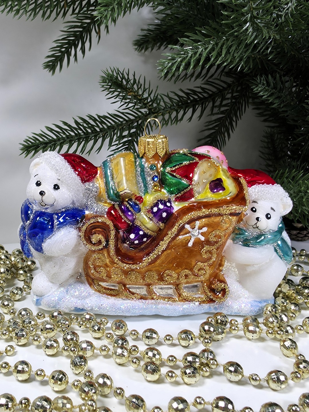 фото Стеклянная елочная игрушка Мишки тянут саночки