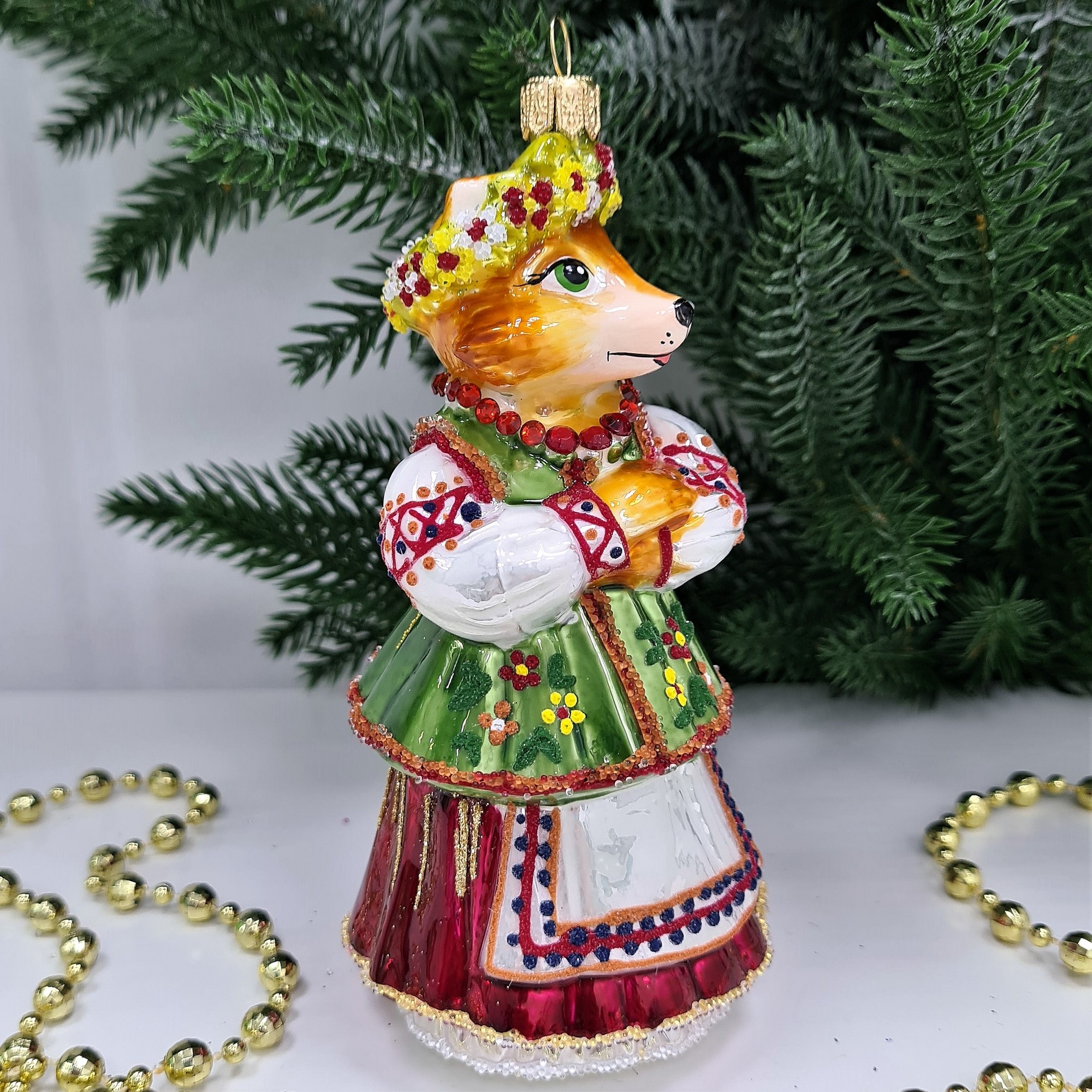 фото Стеклянная елочная игрушка Лиса в веночке