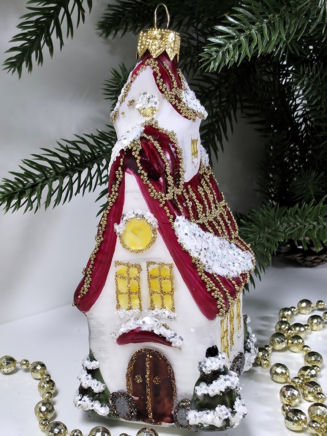 фото Стеклянная елочная игрушка Домик с острой крышей