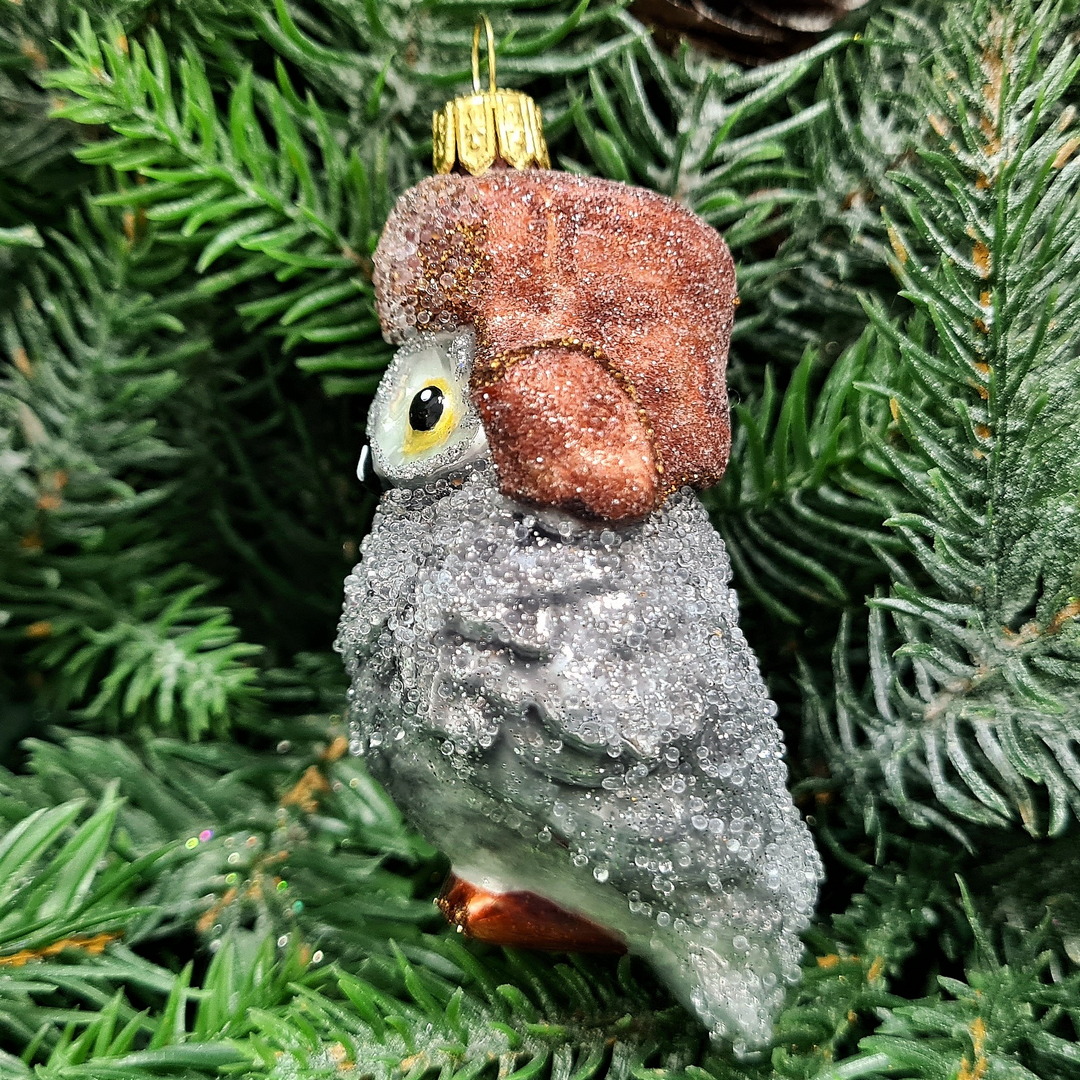 фото Стеклянная елочная игрушка Сова в ушанке-1